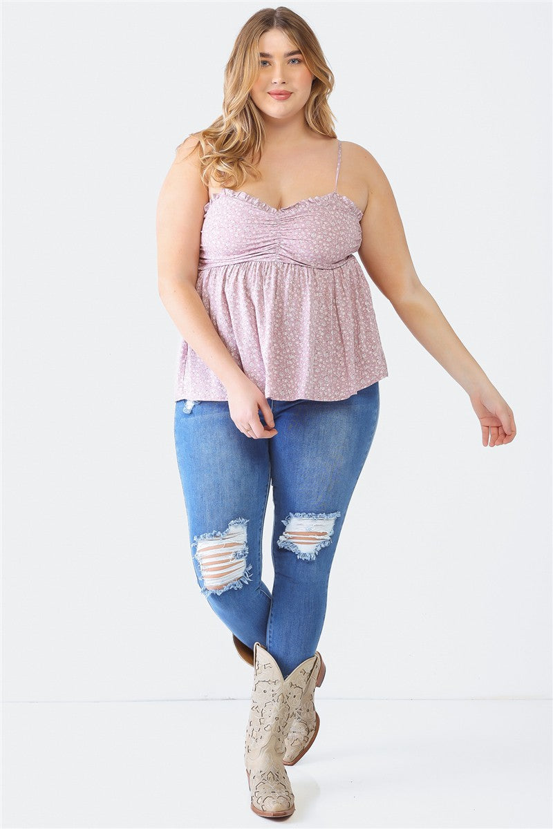 Sans Plus Size Frill Smocked Floral Sweetheart Neck Cami