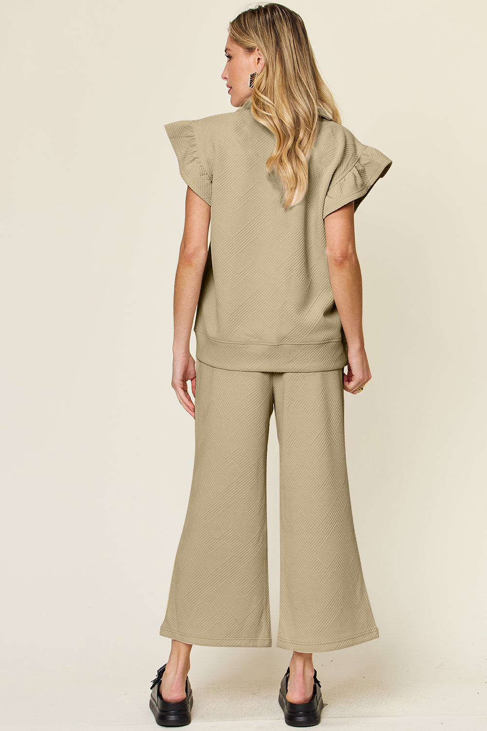 Texture Ruffle Short Sleeve Top and Drawstring Wide Leg Pants Set