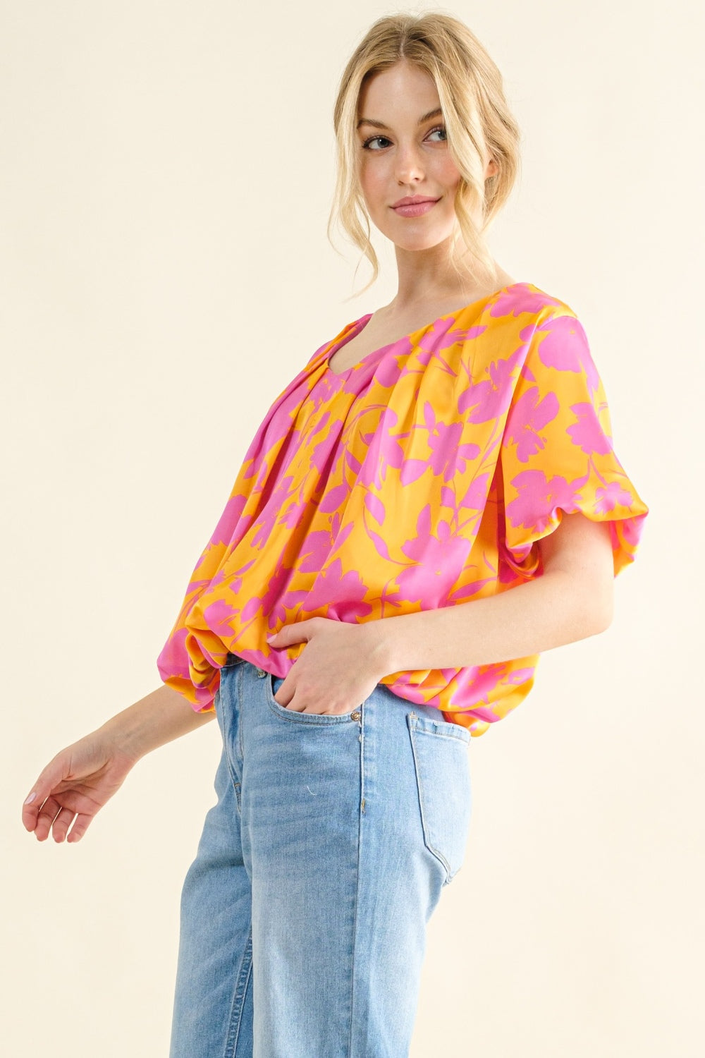 Sans Printed Satin Bubble Hem Top