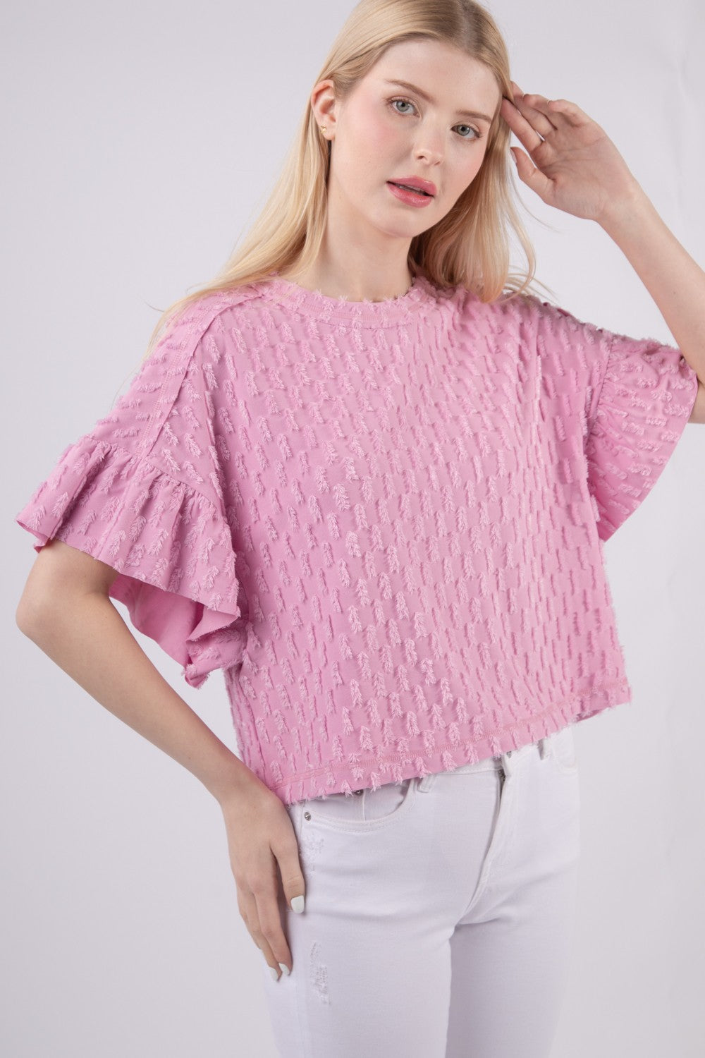 Sansy Full Size Texture Ruffle Short Sleeve Top