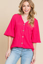 Sans Texture Decorative Button V-Neck Top