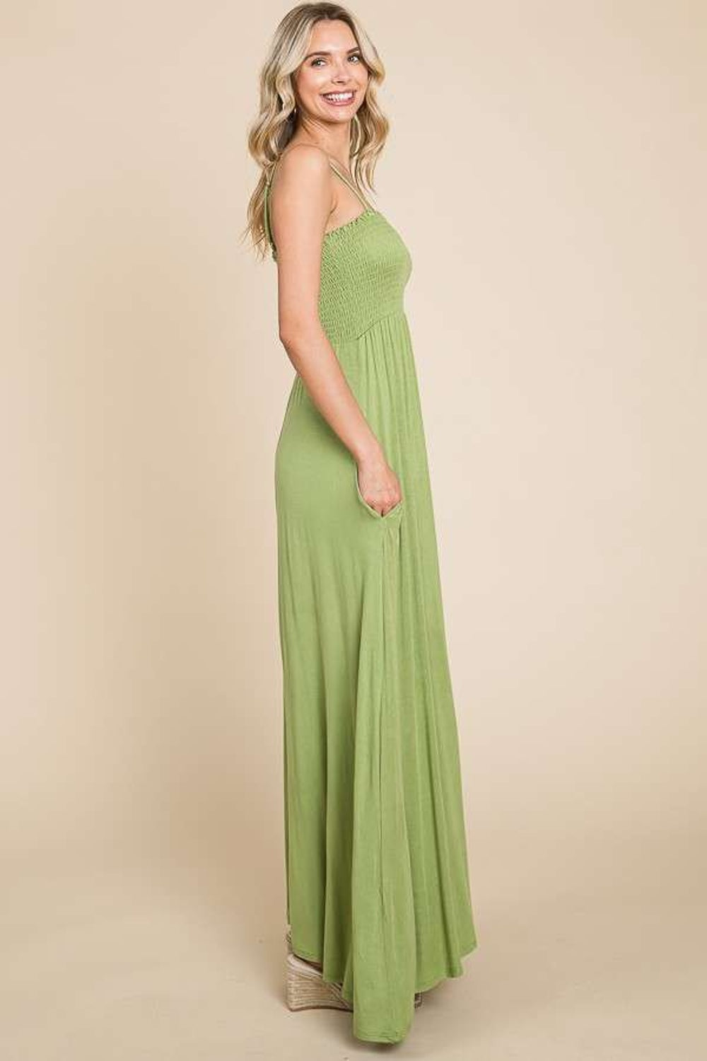 Silken Whisper Smocked Cami Maxi Dress with Pockets