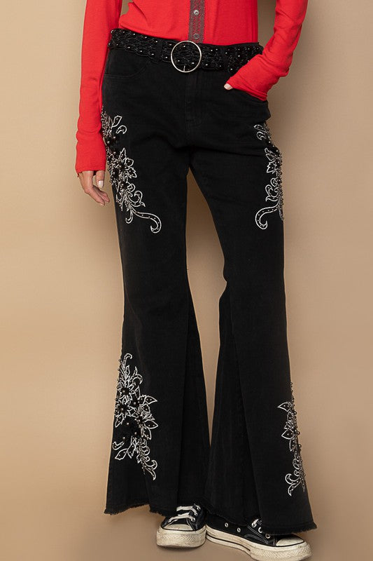 Optima Raw Hem Embroidered Flare Pants