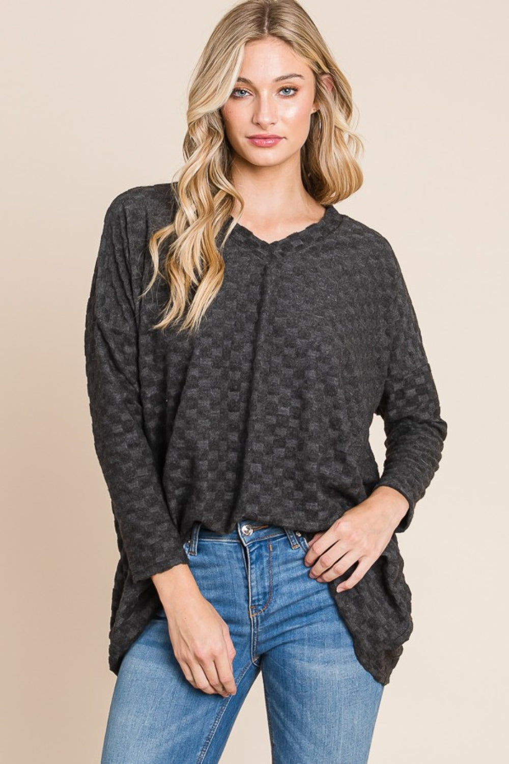 Crepe Contour Checkered Long Sleeve V-Neck T-Shirt