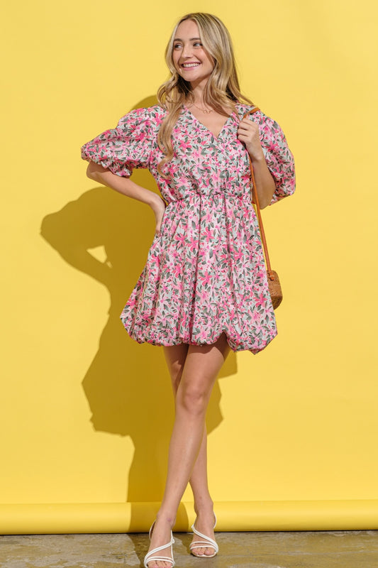 Sansplay Ophelia Floral Surplice Puff Sleeve Dress