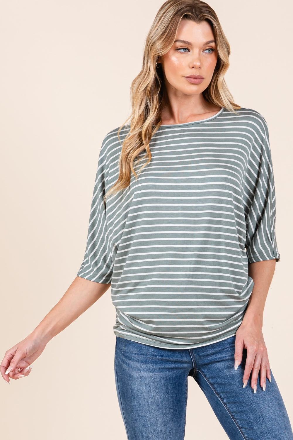 Crepe Contour Striped Boat Neck Dolman Sleeve Top