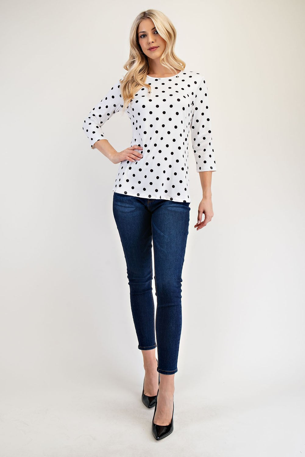 Polka Dot Round Neck Three-Quarter Sleeve T-Shirt