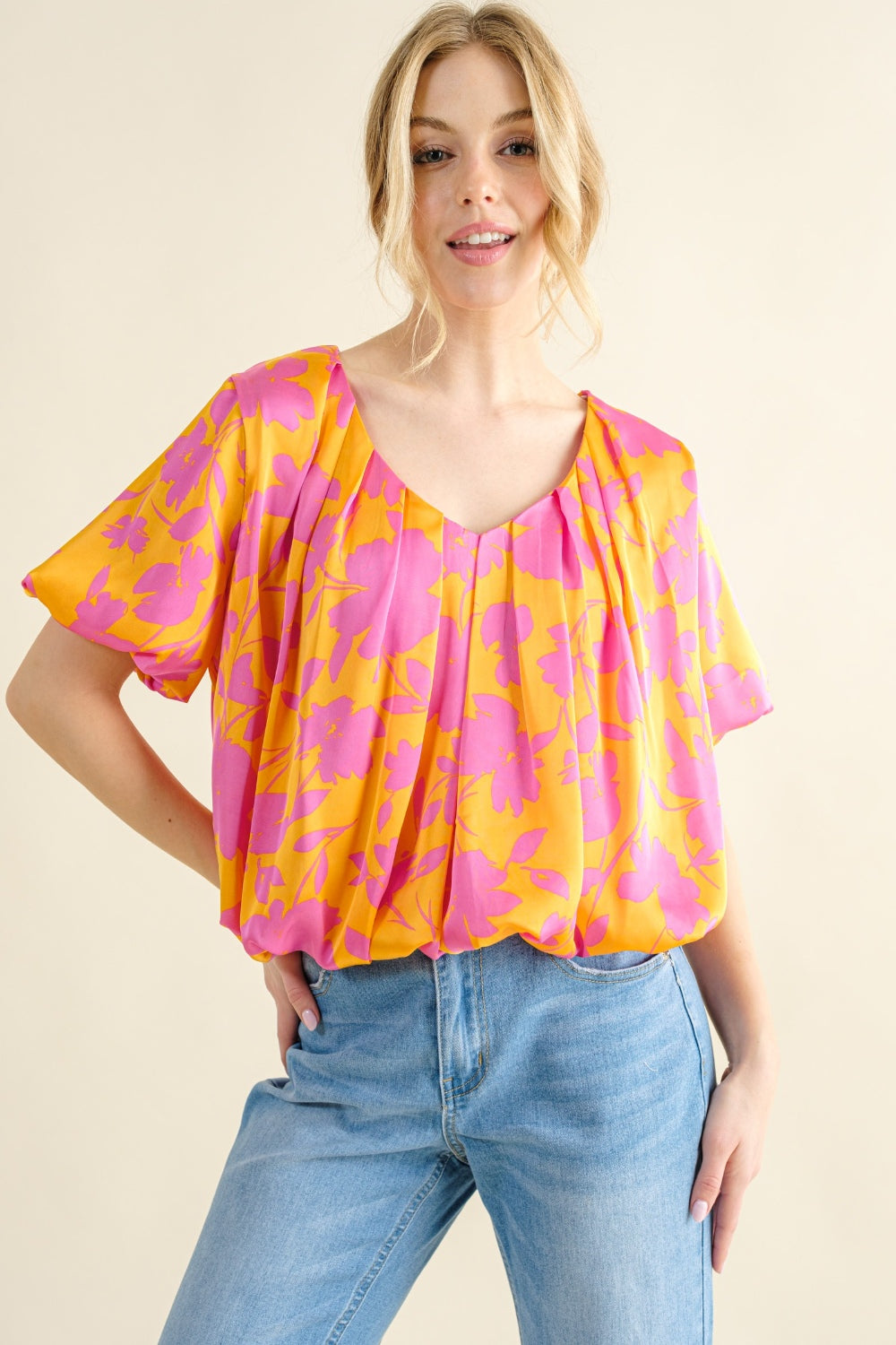 Sans Printed Satin Bubble Hem Top