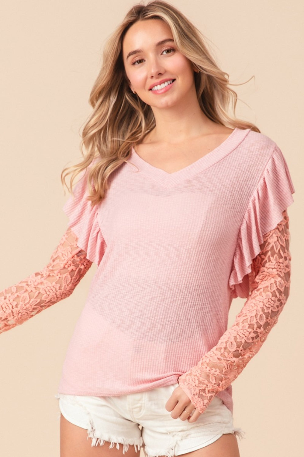 SANS Ruffled Lace Sleeve Rib Knit Top