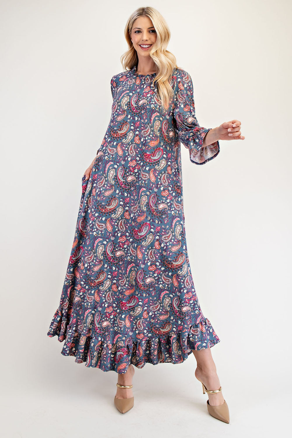 Full Size Ruffle Hem Paisley Round Neck Dress