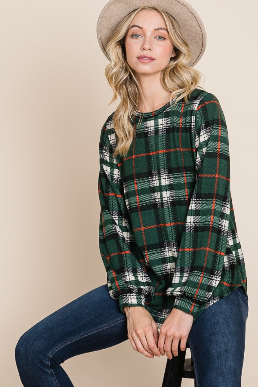 Organic Embrace Curved Hem Plaid Round Neck Long Sleeve Top