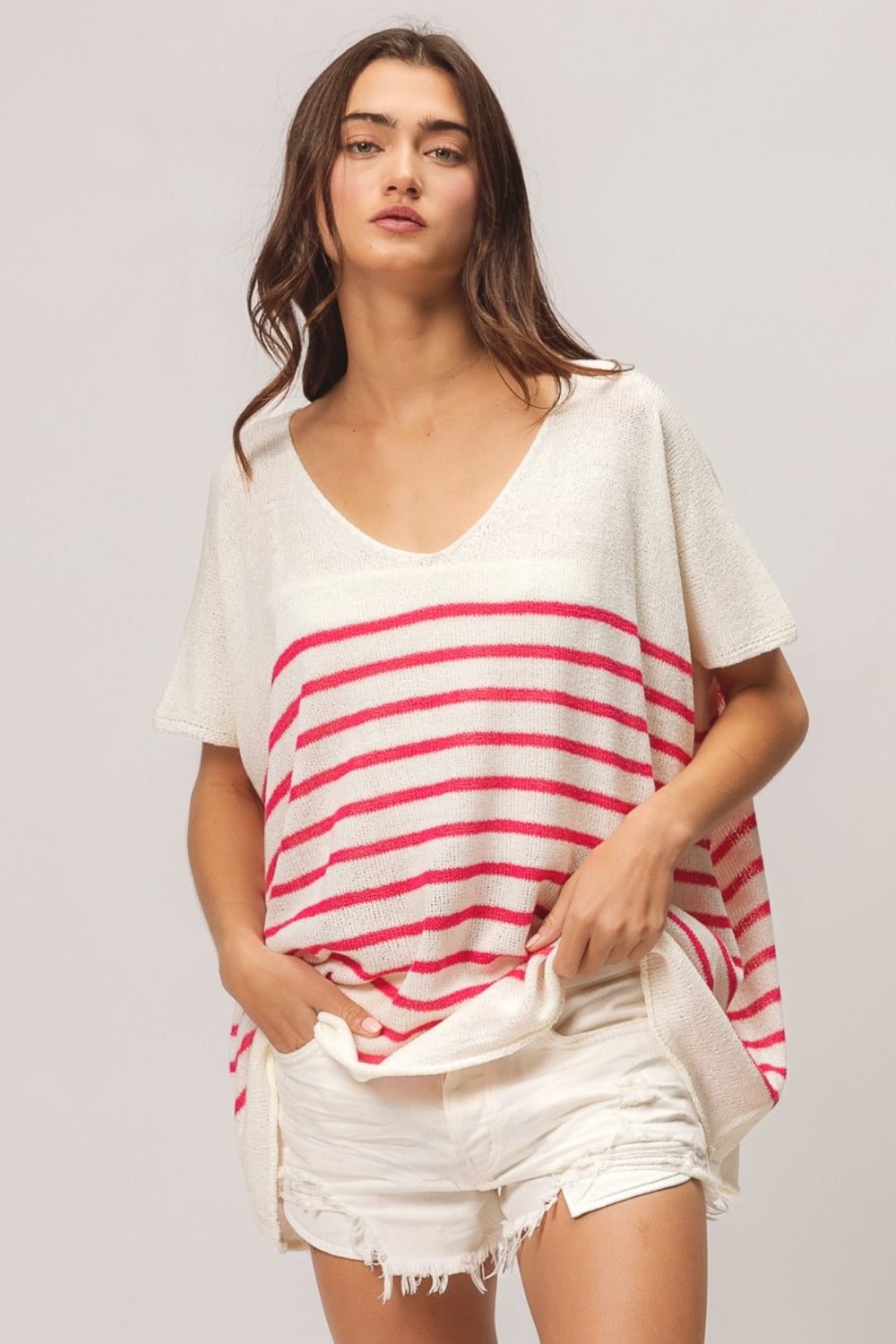 Aurelia V Neck Striped Short Sleeve Top