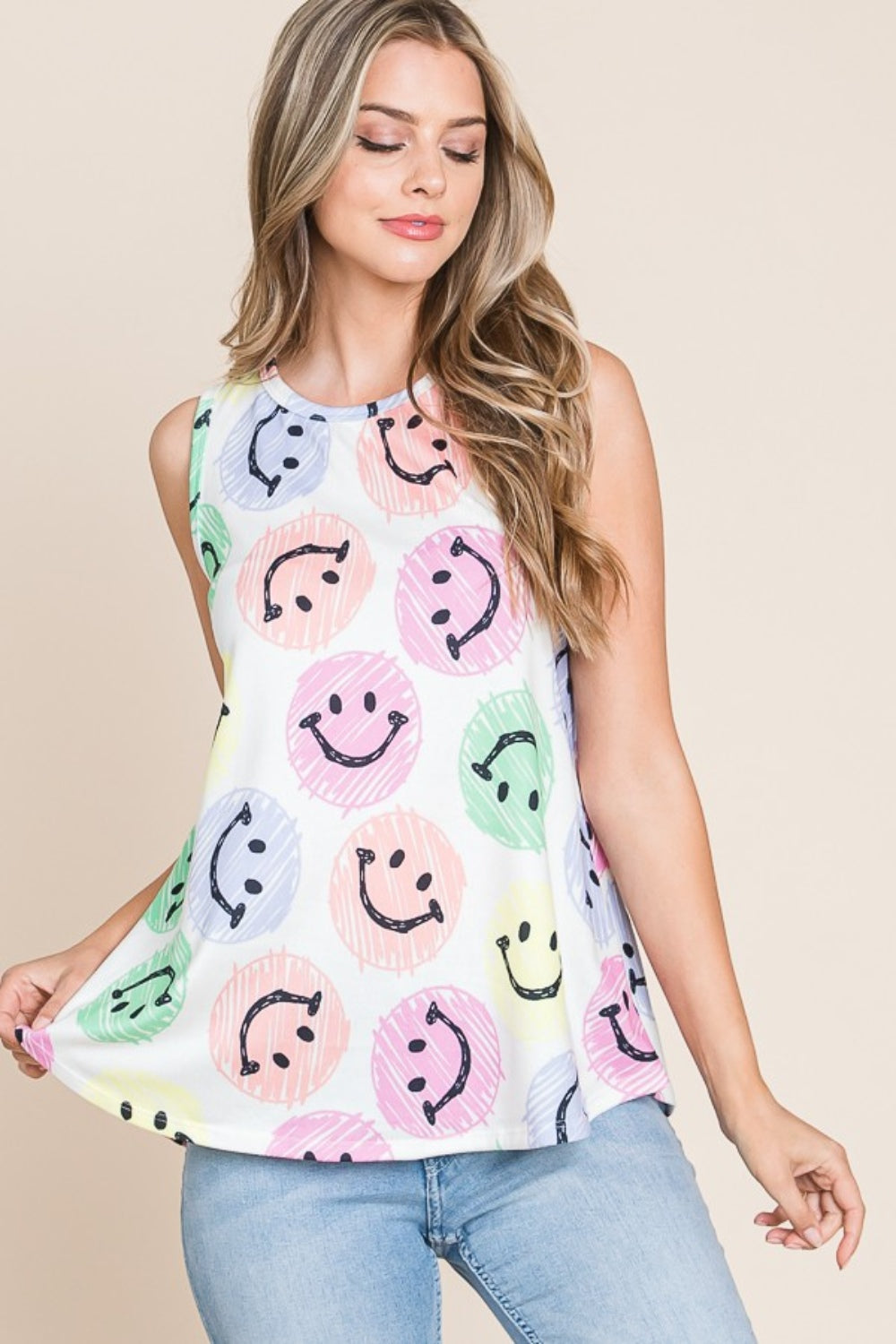 Sansplay Smiley Face Round Neck Tank