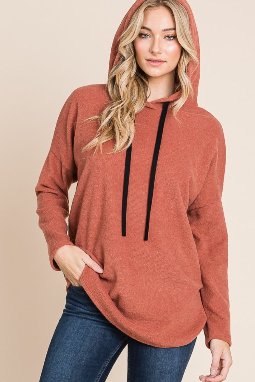 Soulful Comfort Drawstring Drop Shoulder Knit Hoodie