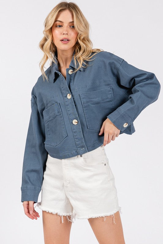 Button Down Cropped Denim Jacket with Patch Pockets