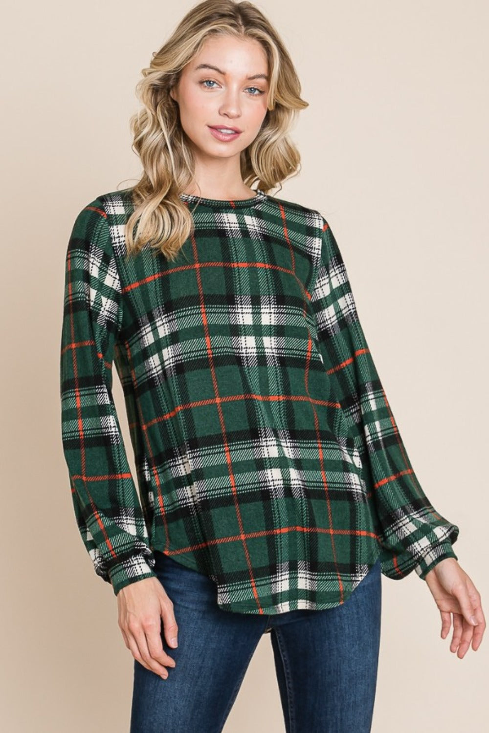 Organic Embrace Curved Hem Plaid Round Neck Long Sleeve Top