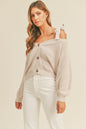 Sansplay Off Shoulder Self Tie Strap Button Down Sweater