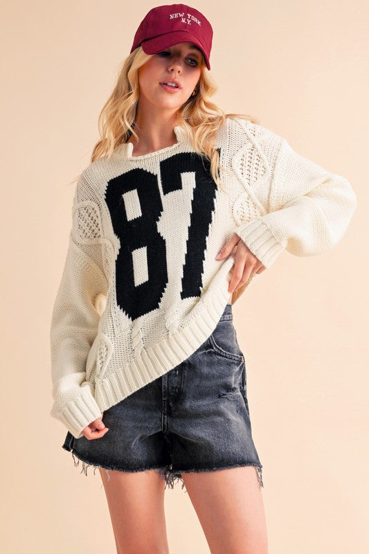 The Modern Weaver Contrast Number Cable Knit Drop Shoulder Sweater