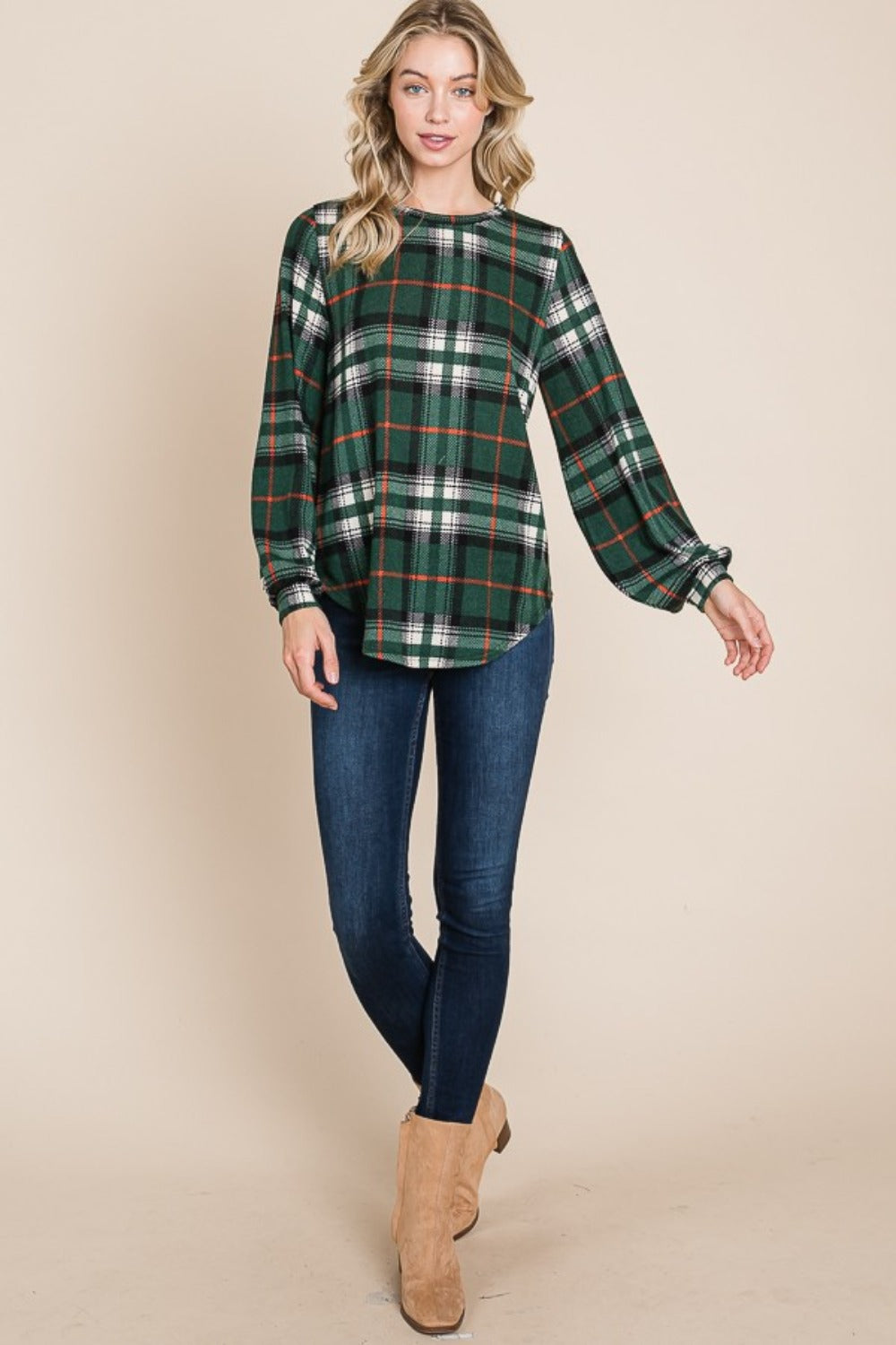 Organic Embrace Curved Hem Plaid Round Neck Long Sleeve Top