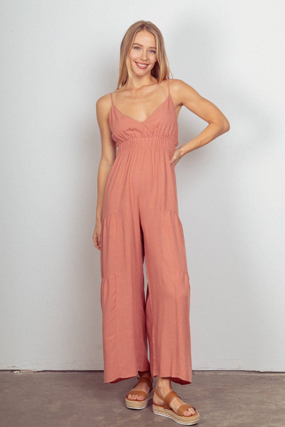 Reverie With Love Sleeveless Ruched Wide Leg Jumpsuit