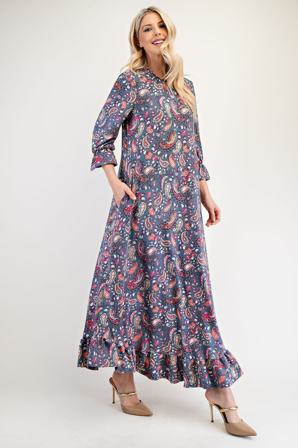 Full Size Ruffle Hem Paisley Round Neck Dress