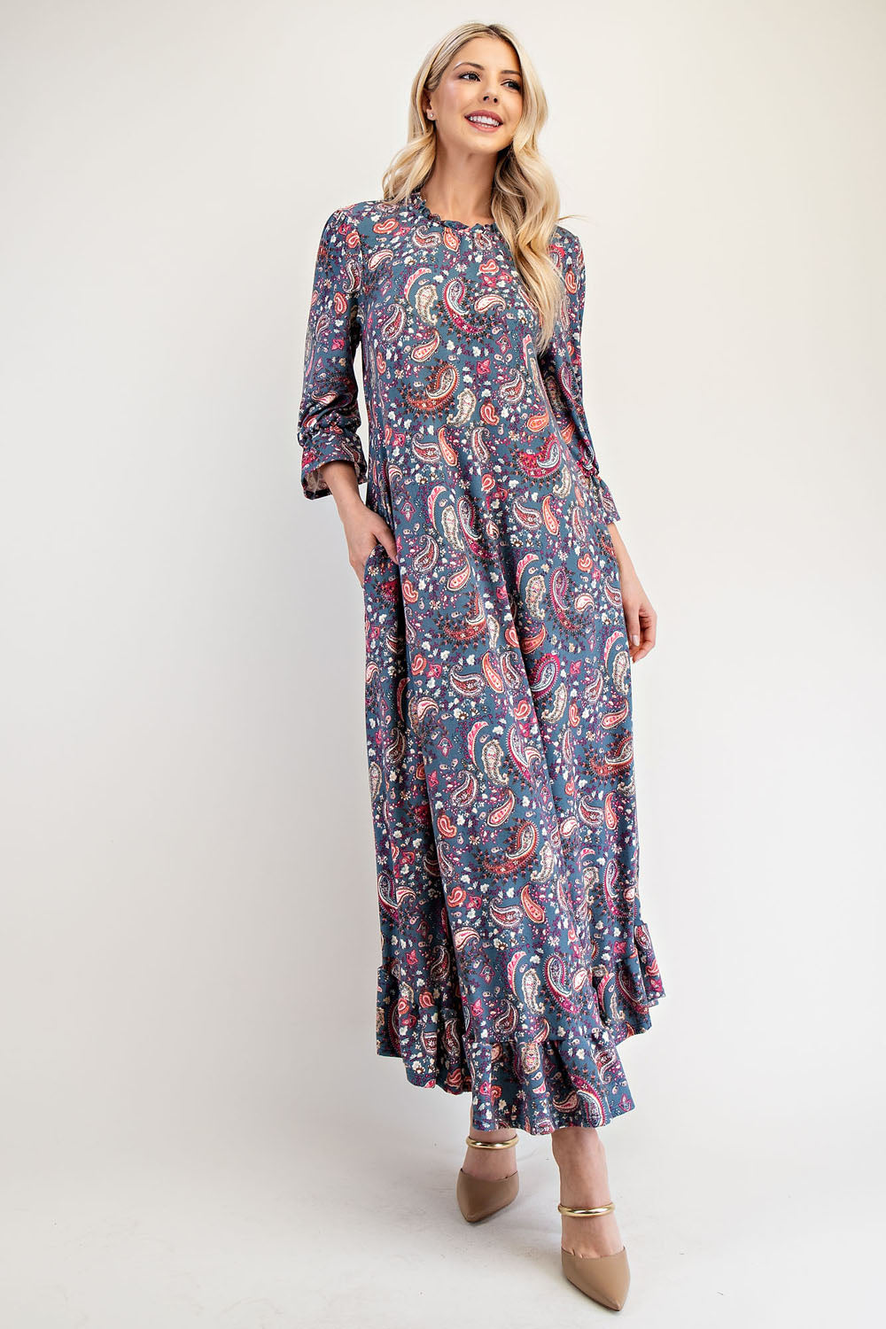 Full Size Ruffle Hem Paisley Round Neck Dress