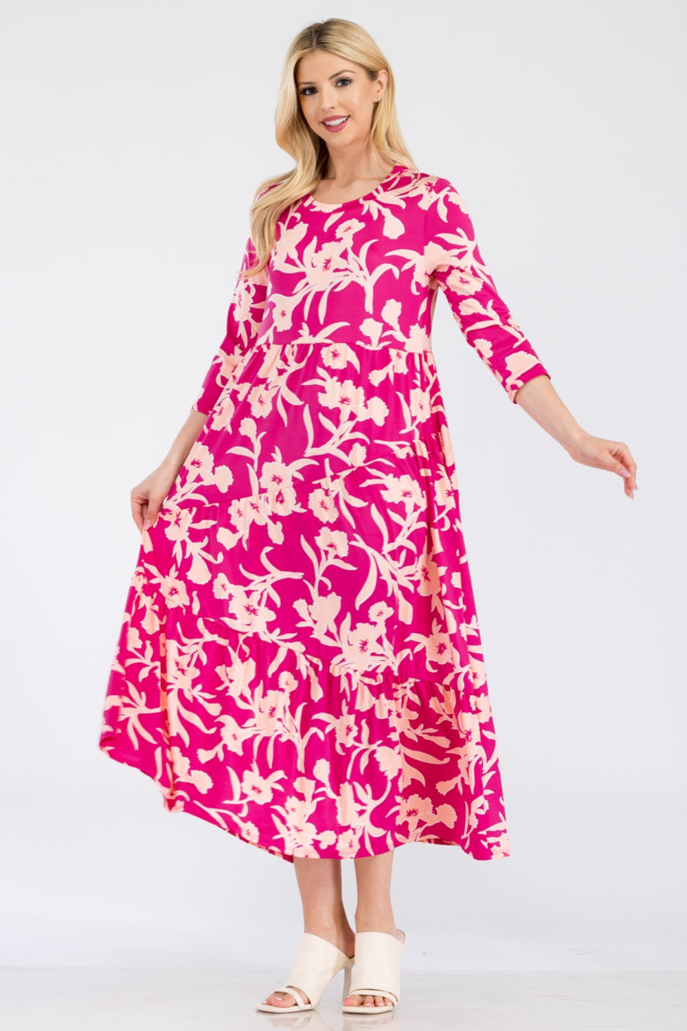 Cashmere Dreams Floral Round Neck Ruffle Hem Dress