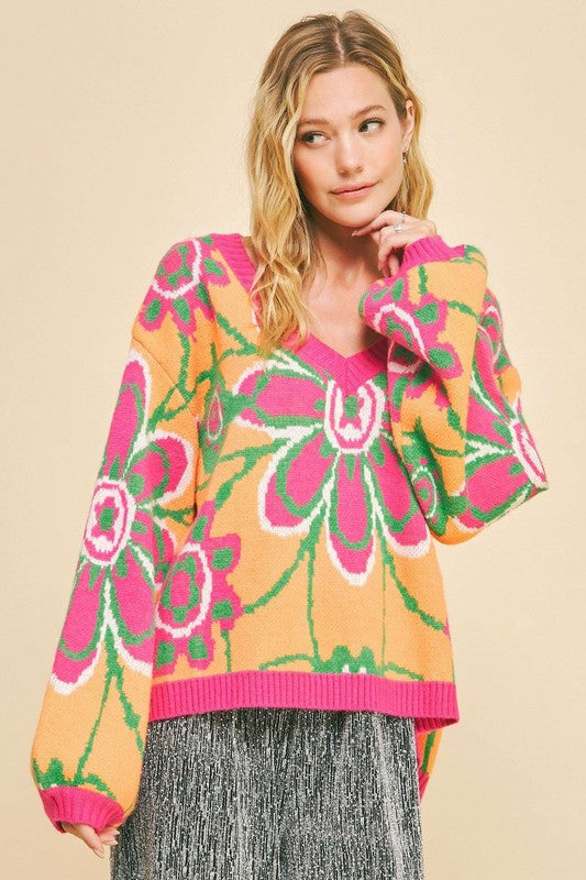 The Cozy Retreat Floral Contrast V-Neck Dropped Shoulder Sweater