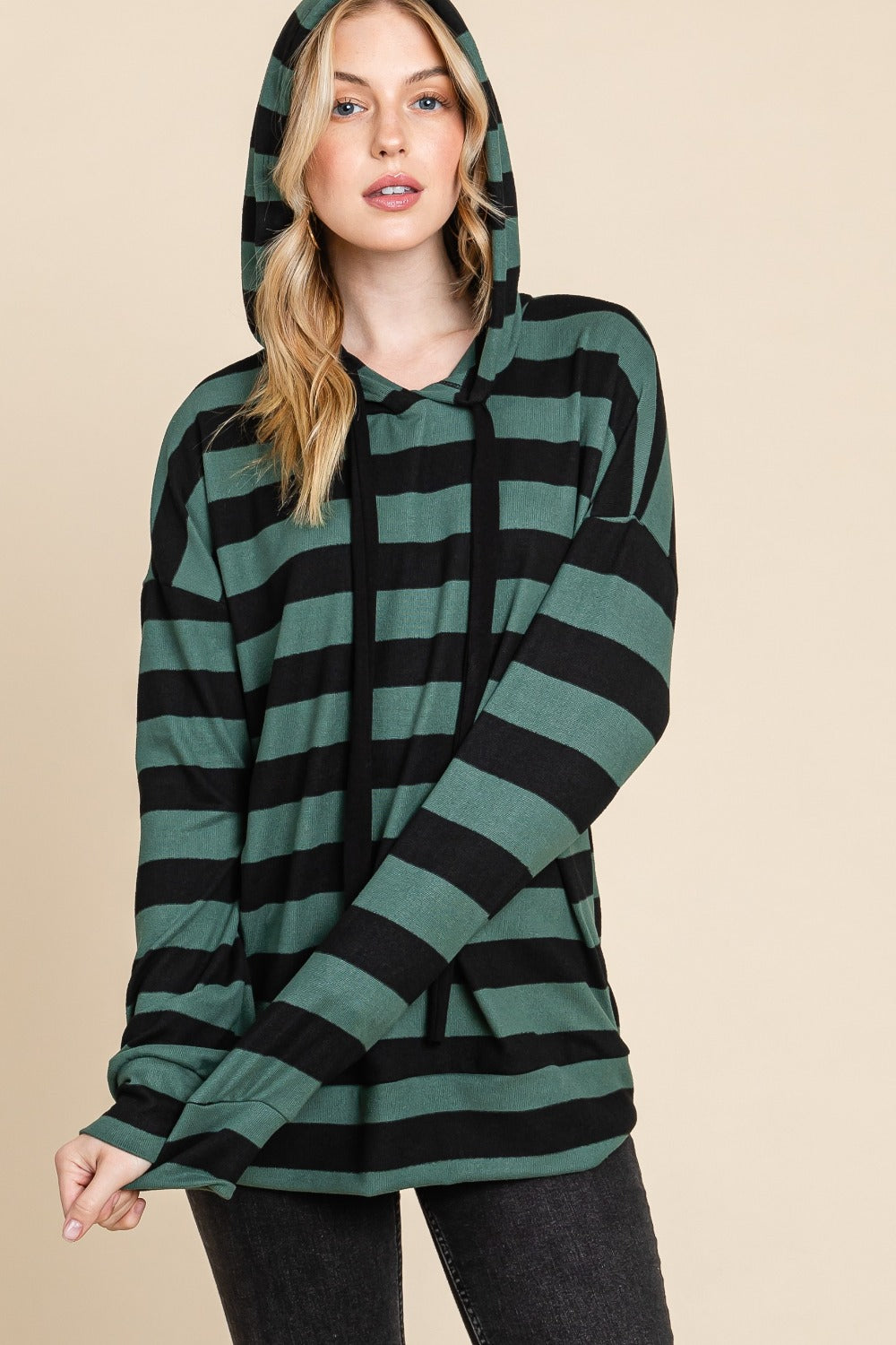 Serene Soul Drawstring Striped Dropped Shoulder Hoodie