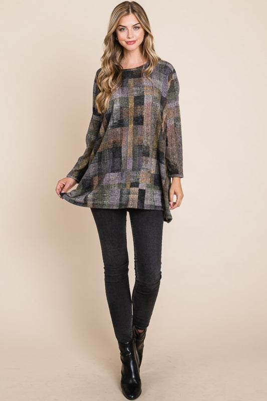 Effortless Elegance Plaid Round Neck Long Sleeve Top