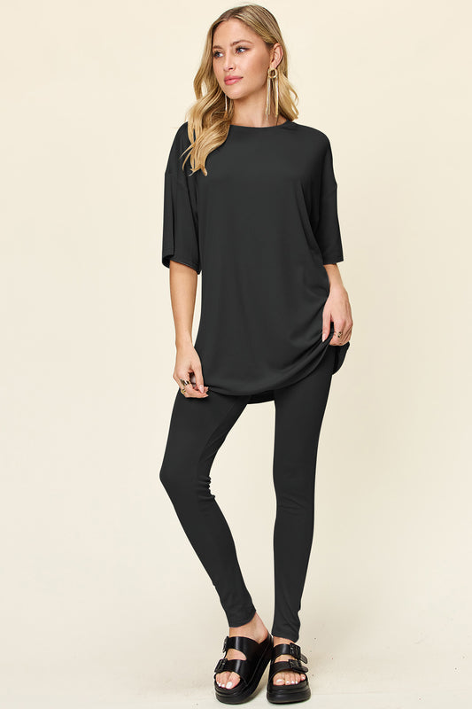 Round Neck Dropped Shoulder T-Shirt and Leggings Set