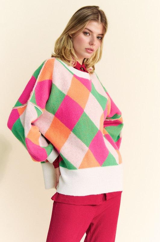 The Artisan Knit Exposed Seam Color Block Dropped Shoulder Sweater