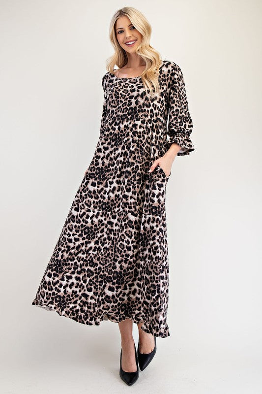 Whimsy Full Size Leopard Round Neck Flounce Sleeve Dress