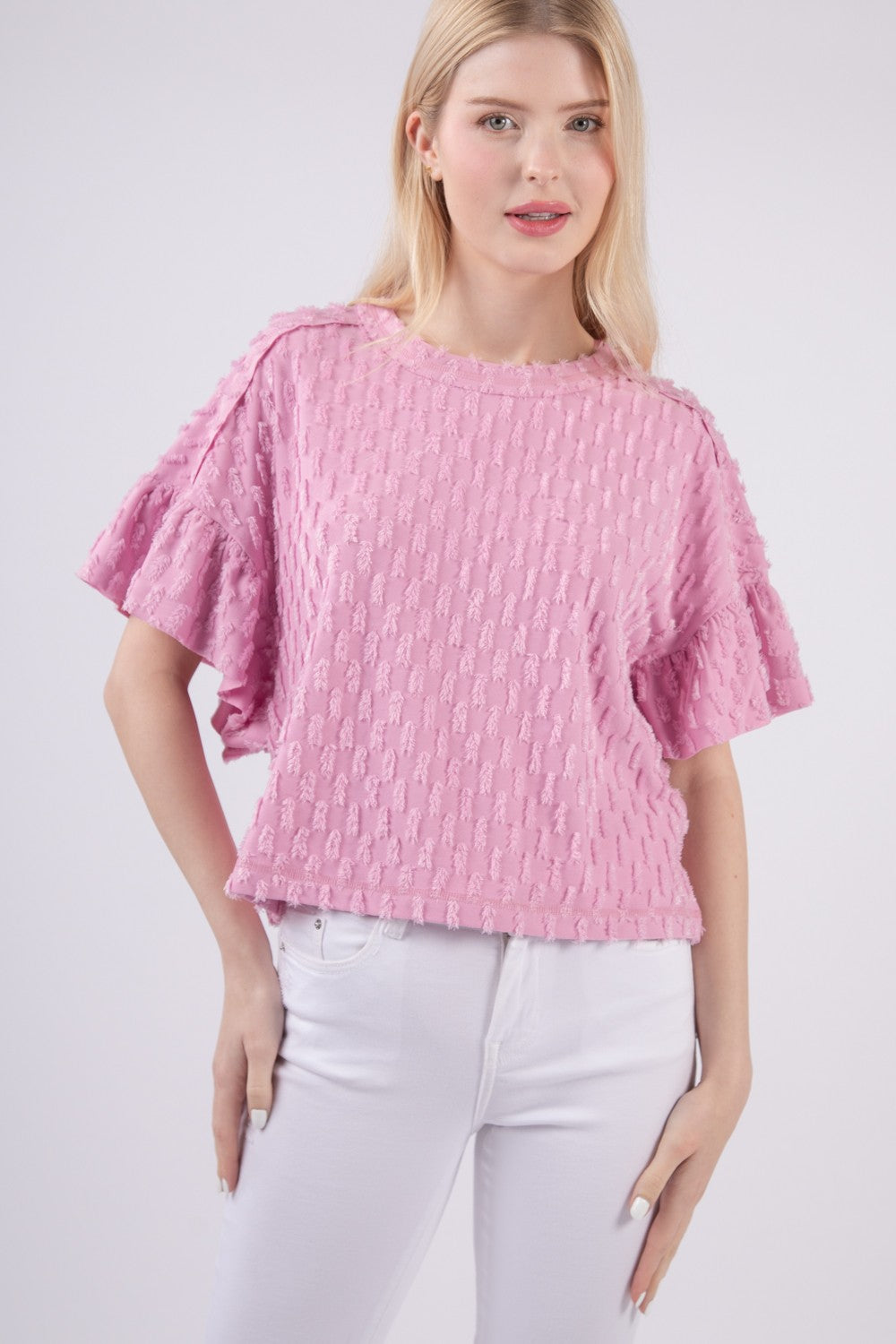 Sansy Full Size Texture Ruffle Short Sleeve Top