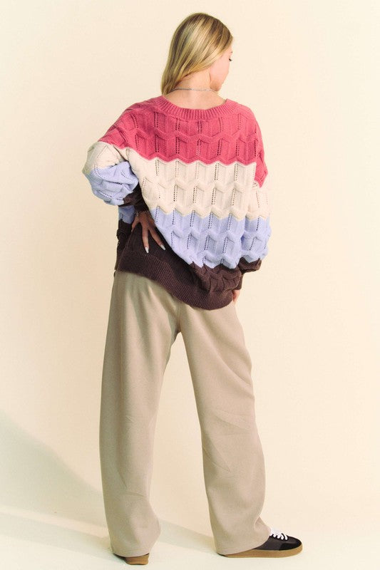 Wavy Texture Color Block V-Neck Sweater