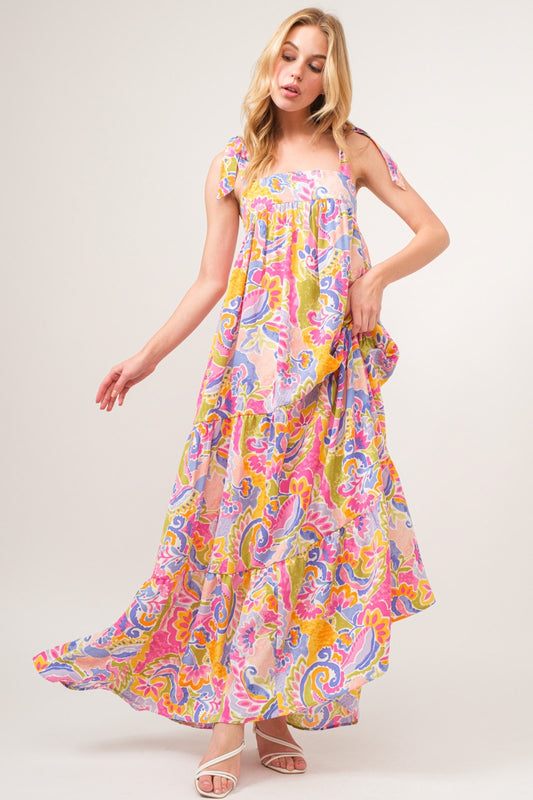 Silken Whisper Printed Tie Shoulder Tiered Maxi Dress