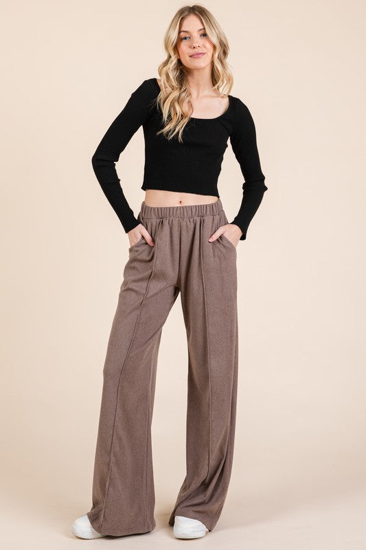 Elastic Waist Wide Leg Pants with Pockets