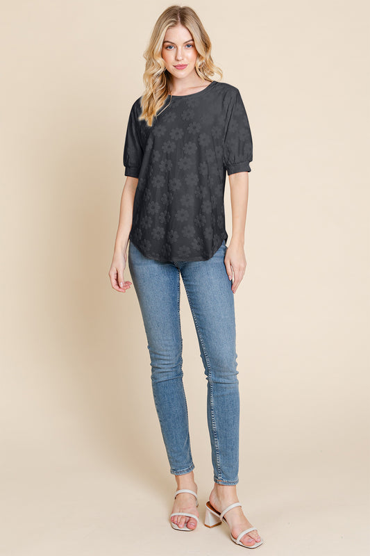 Sans Texture Decorative Button V-Neck TopTextured Floral Pattern Top