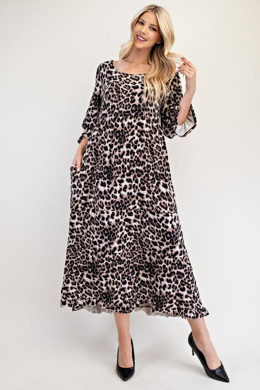 Whimsy Full Size Leopard Round Neck Flounce Sleeve Dress