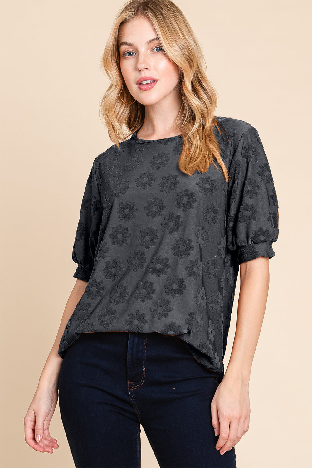 Sans Texture Decorative Button V-Neck TopTextured Floral Pattern Top