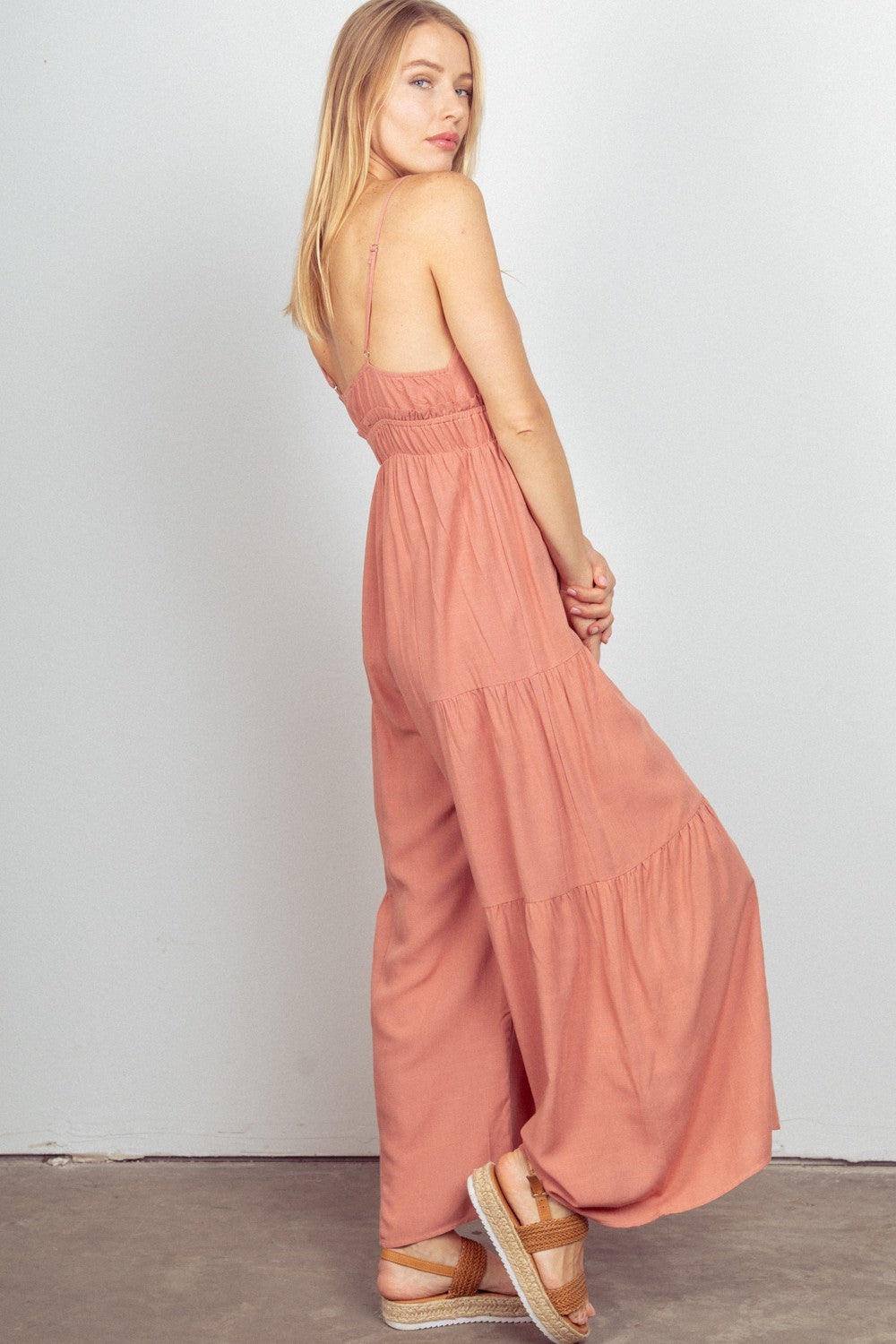 Reverie With Love Sleeveless Ruched Wide Leg Jumpsuit