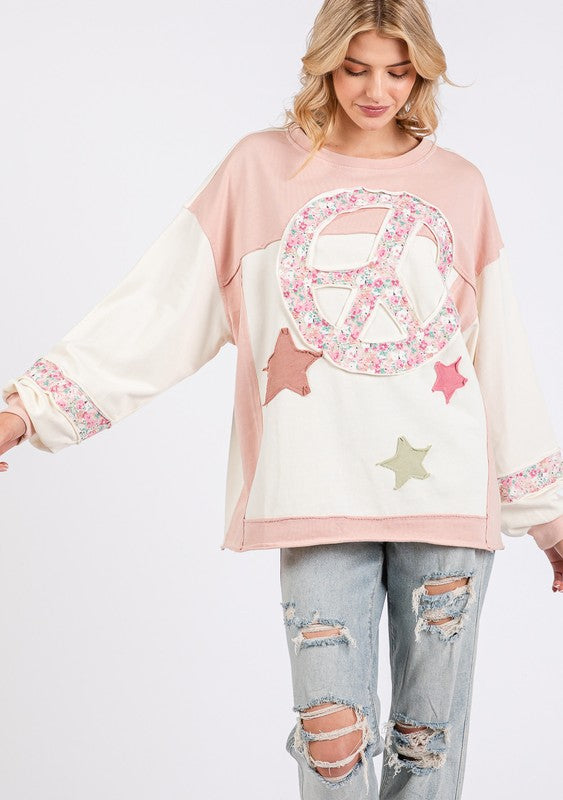 The Embrace Peace & Star Patch Contrast Round Neck Sweatshirt