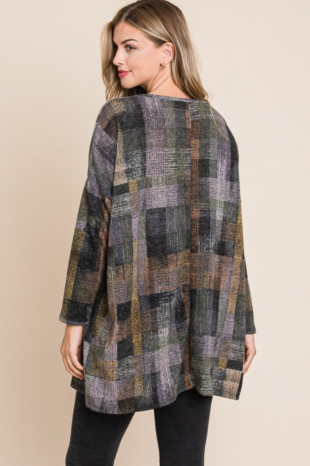 Effortless Elegance Plaid Round Neck Long Sleeve Top