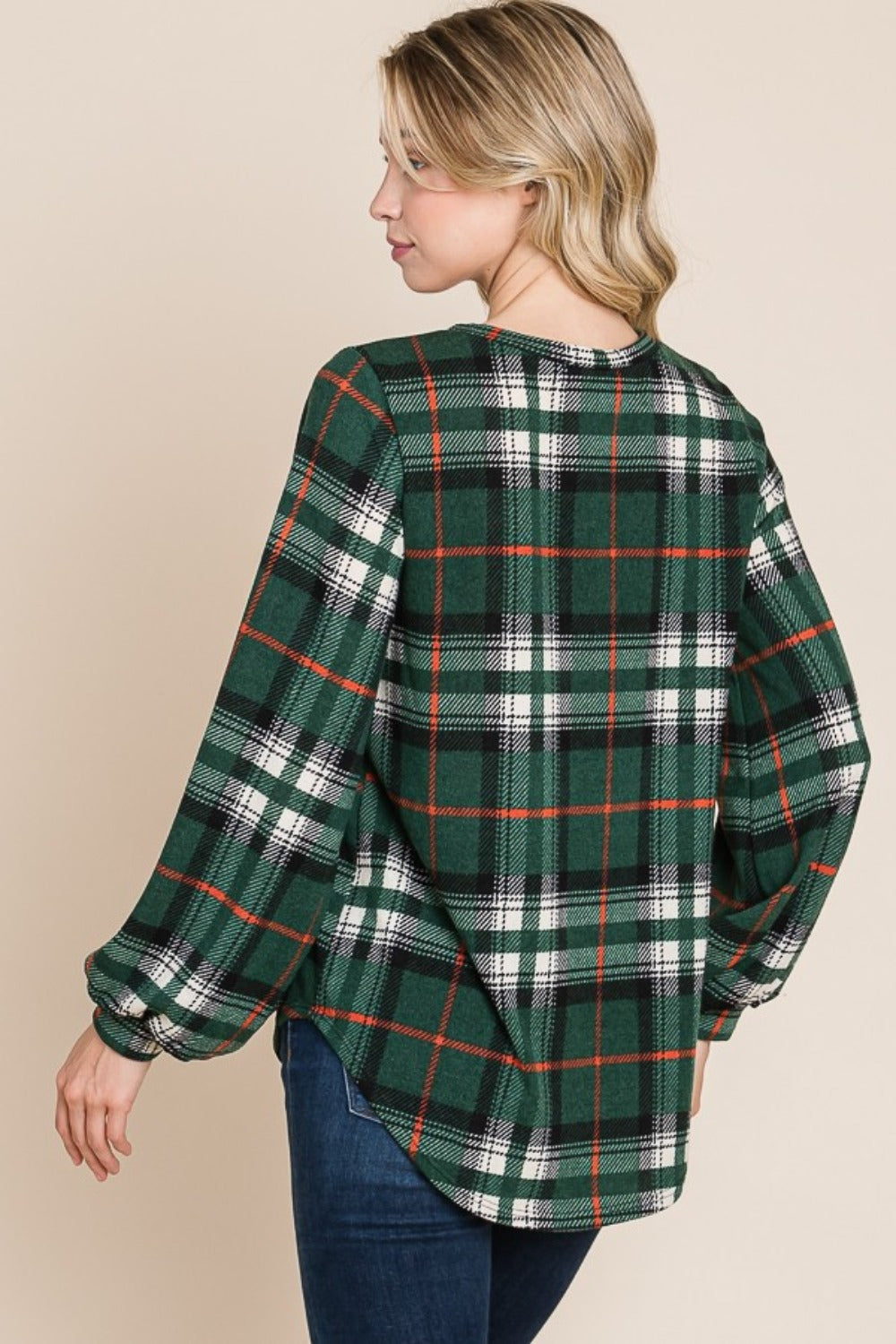 Organic Embrace Curved Hem Plaid Round Neck Long Sleeve Top