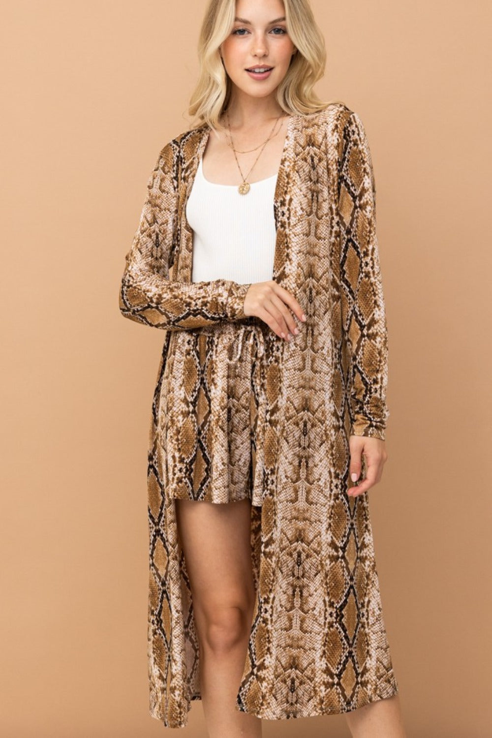 Snake Print Kimono Open Front Longline Cardigan