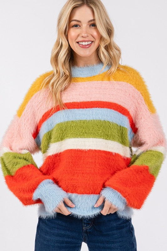 The Cozy Retreat Block Round Neck Dropped Shoulder Sweater