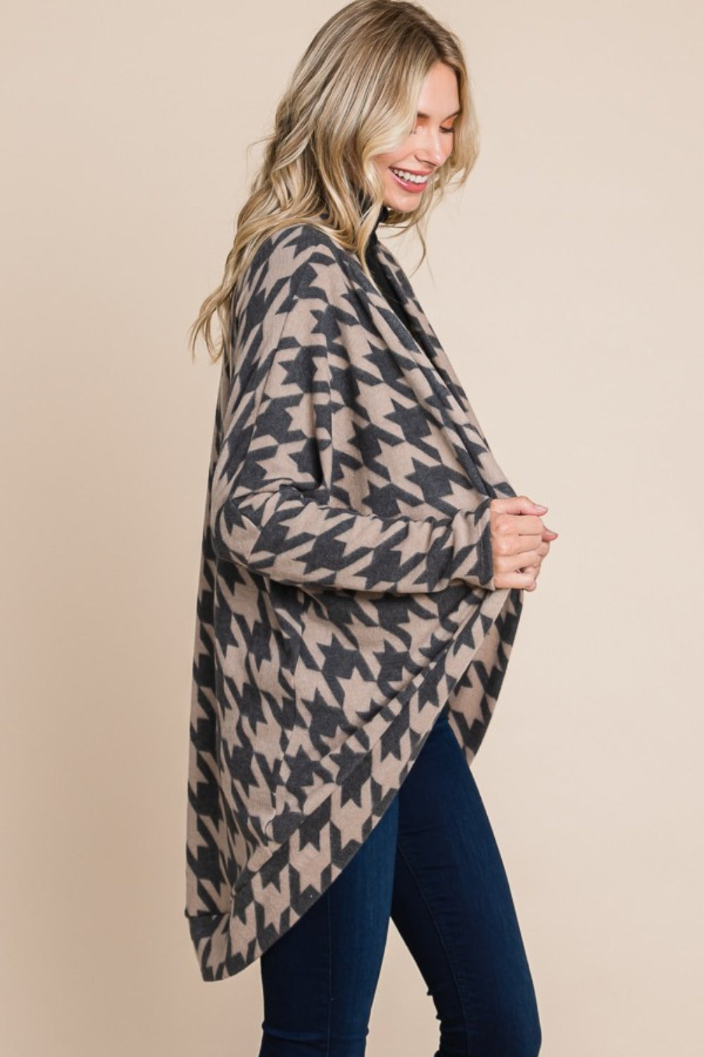 Sans Houndstooth Open Front Cocoon Knit Cardigan