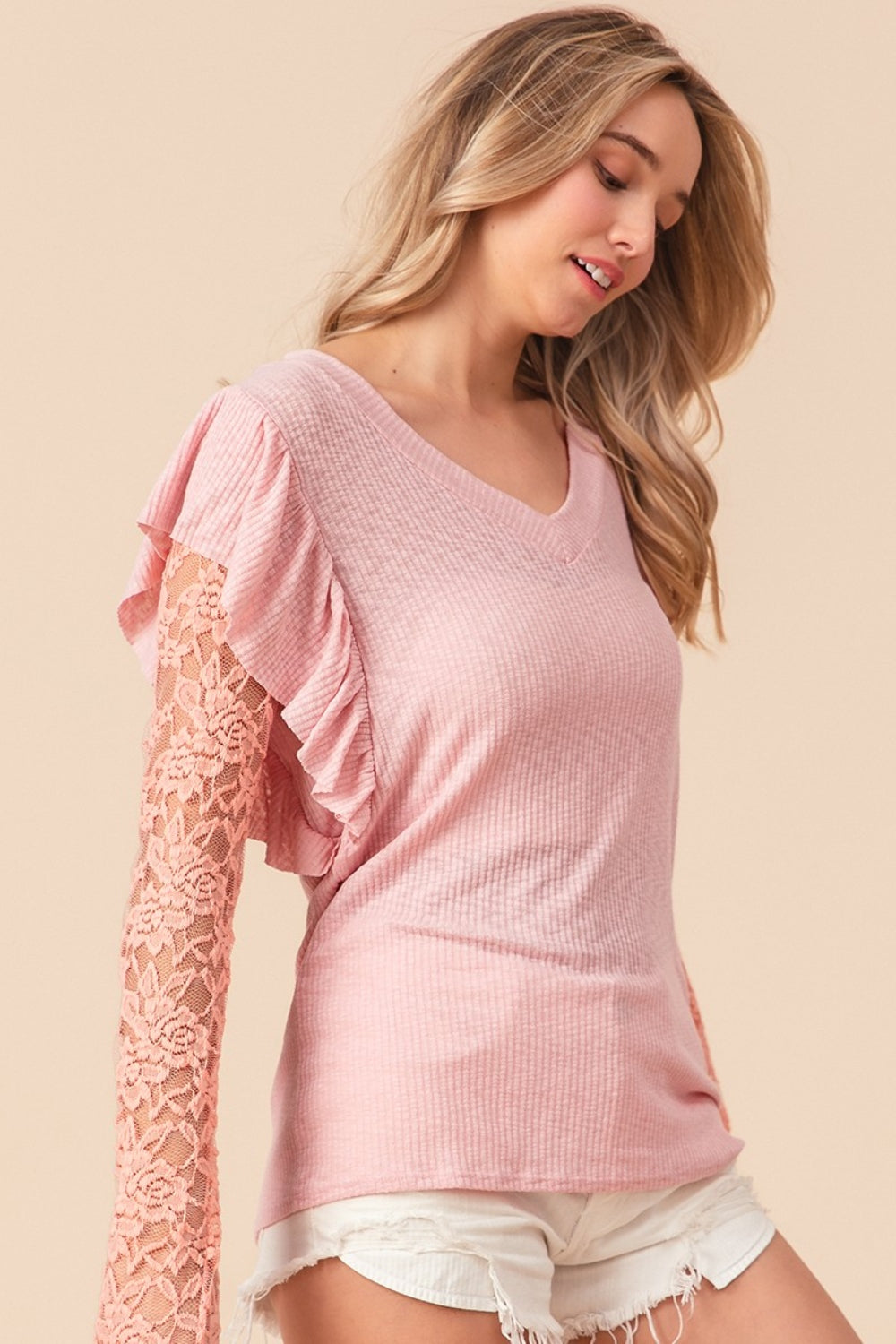 SANS Ruffled Lace Sleeve Rib Knit Top