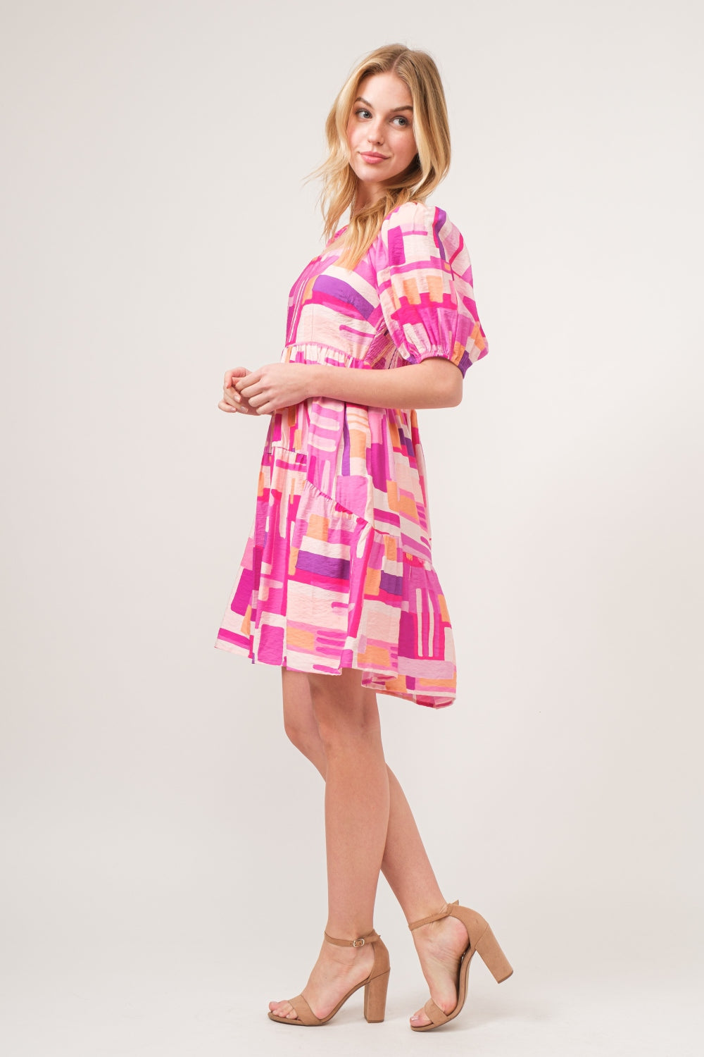 The Kaleidoscope Color Block Puff Sleeve Dress