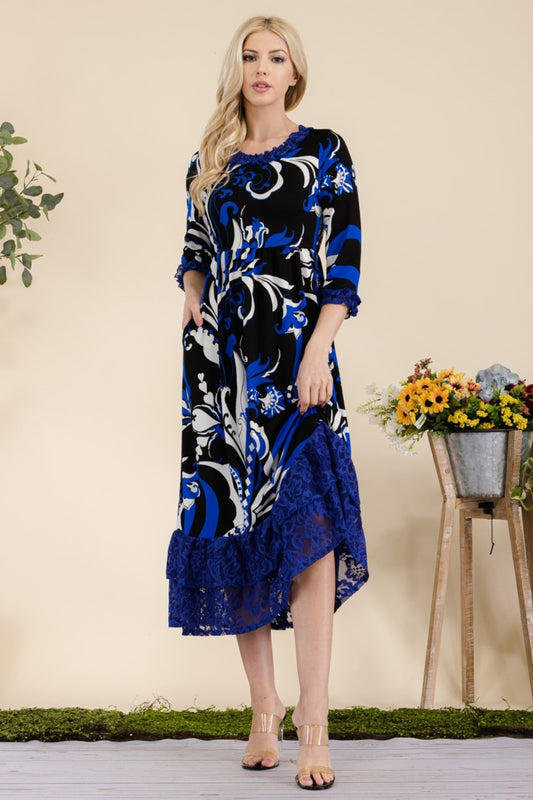 Cashmere Dreams Paisley Print Lace Ruffled Midi Dress